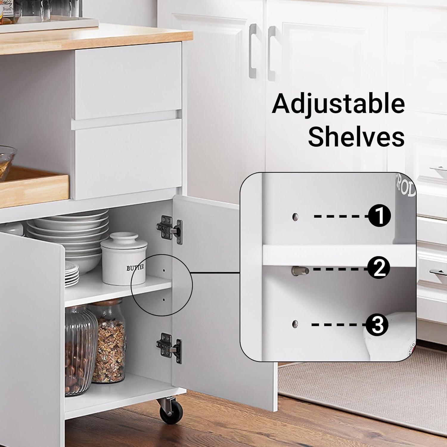 Kitchen Island on Wheels White Storage Trolley with Drawers Adjustable Shelves