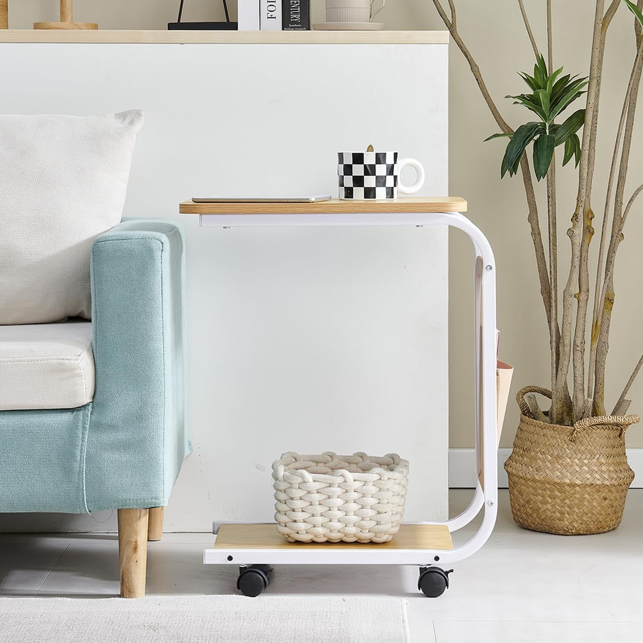 Walnut Slim Side Table on Wheels – 2-Tier Mobile Sofa End Table with Storage