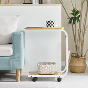 Walnut Slim Side Table on Wheels – 2-Tier Mobile Sofa End Table with Storage