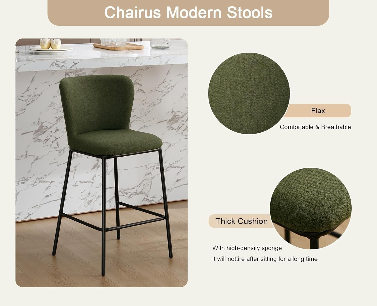 Green Linen Bar Stool Set 2 – Upholstered High Counter Kitchen Chairs