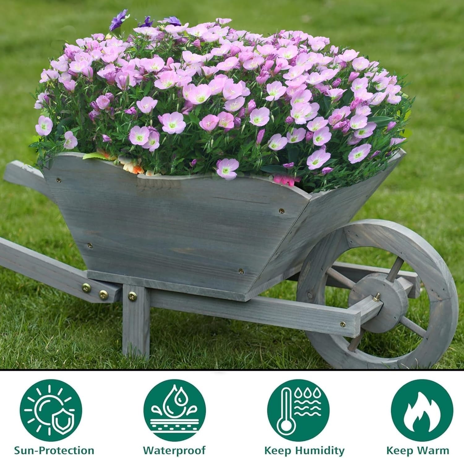 Large Wooden Garden Wheelbarrow Planter – Rustic Grey Design w/ Handles & Wheel
