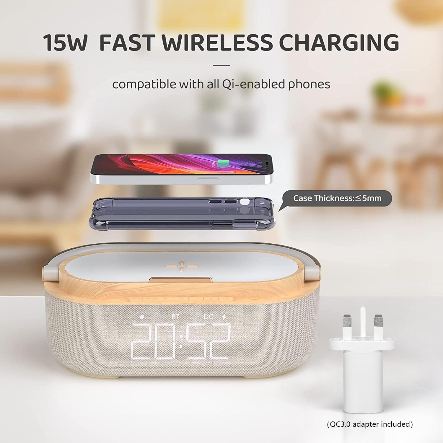 Bluetooth Alarm Clock Wireless Charger Speaker Loud Snooze Night Light