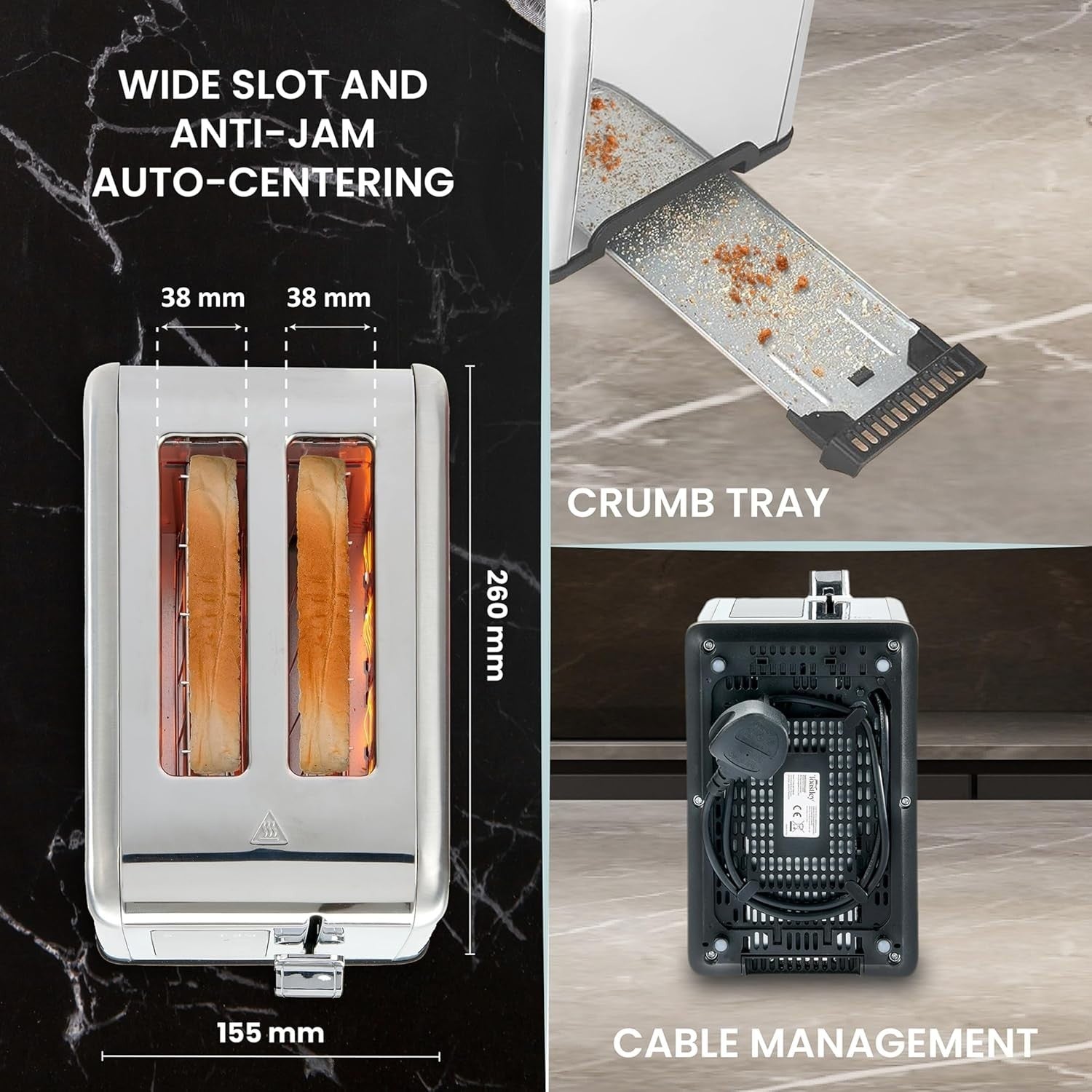 Smart Touchscreen Toaster 2 Slice Wide Slot Timer Reheat Defrost Auto-Off
