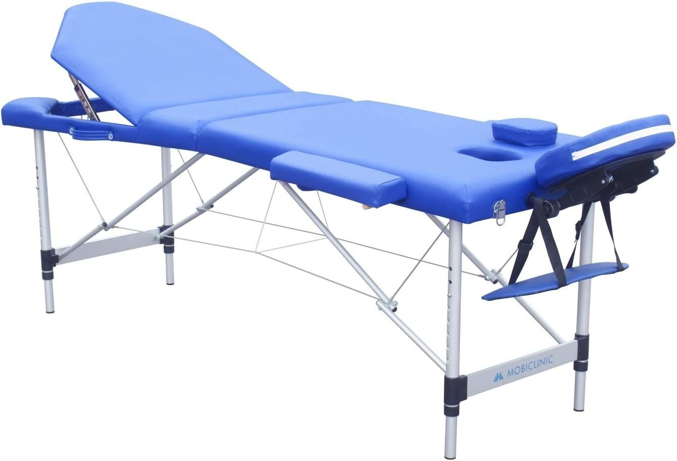 Portable 3-Section Aluminium Massage Table Adjustable Therapy Beauty Bed Blue