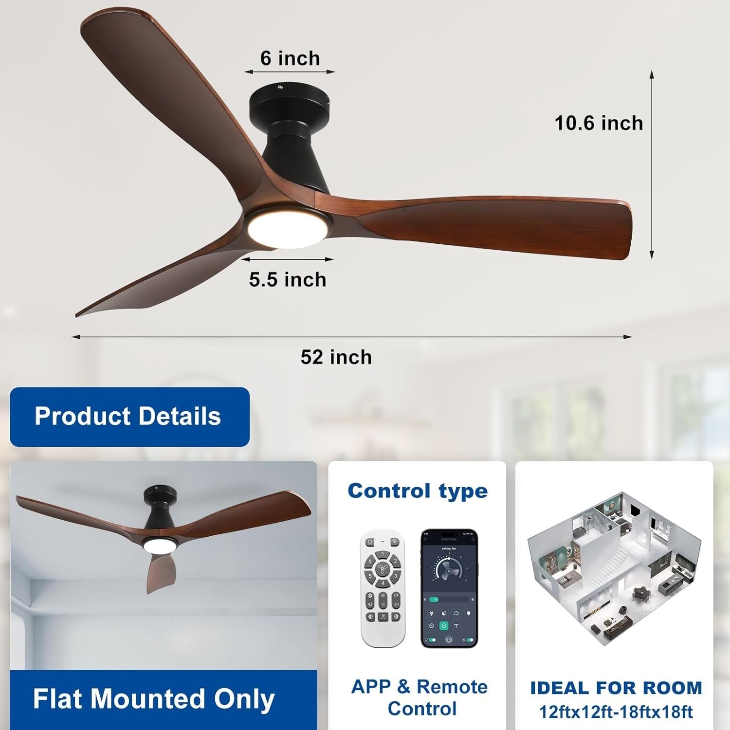 52-Inch Walnut Ceiling Fan with Light, Quiet DC Motor, Remote Control
