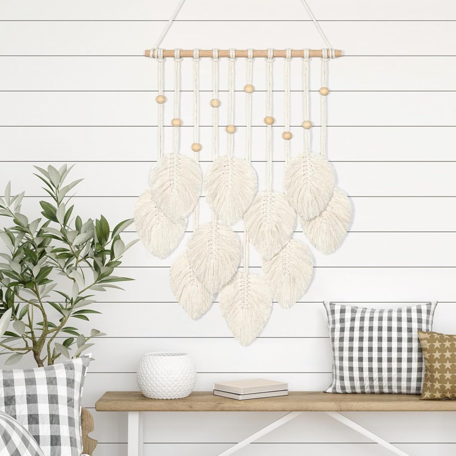 Macrame Wall Hanging Beige Leaf Boho Tassel Wall Decor Handmade