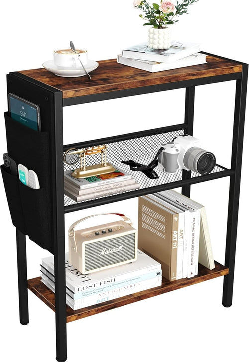 Slim 3-Tier Rustic Side Table with Storage Bag – Narrow Sofa Bedside Unit