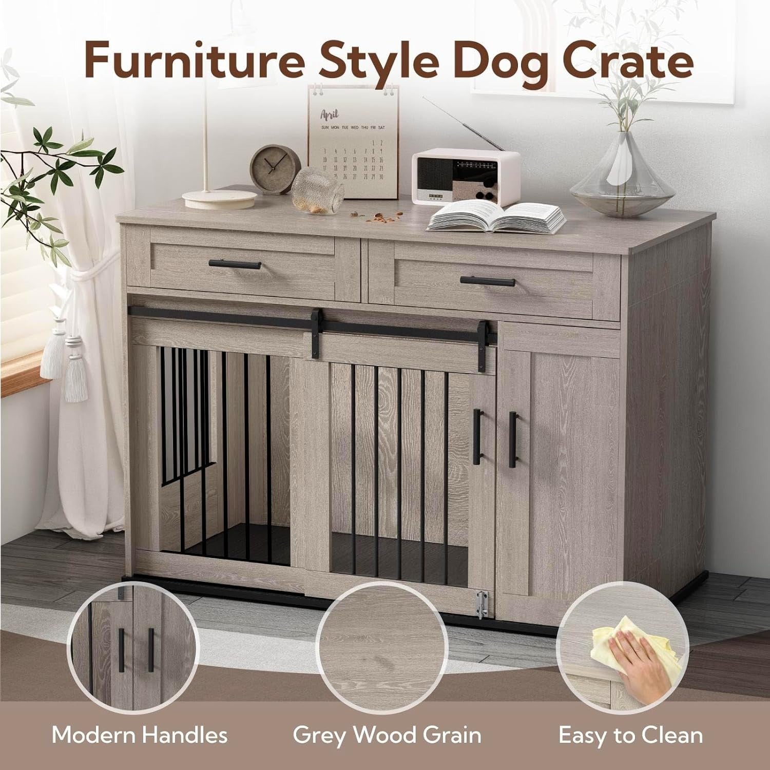 Large Indoor Wooden Dog Crate with Dual Sliding Doors, Storage & Lock