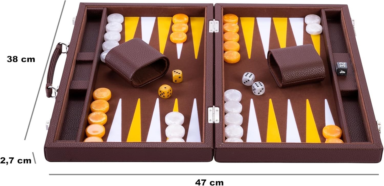 Luxury Backgammon Set 15in Faux Leather Case Travel Board Game with Dice Cups