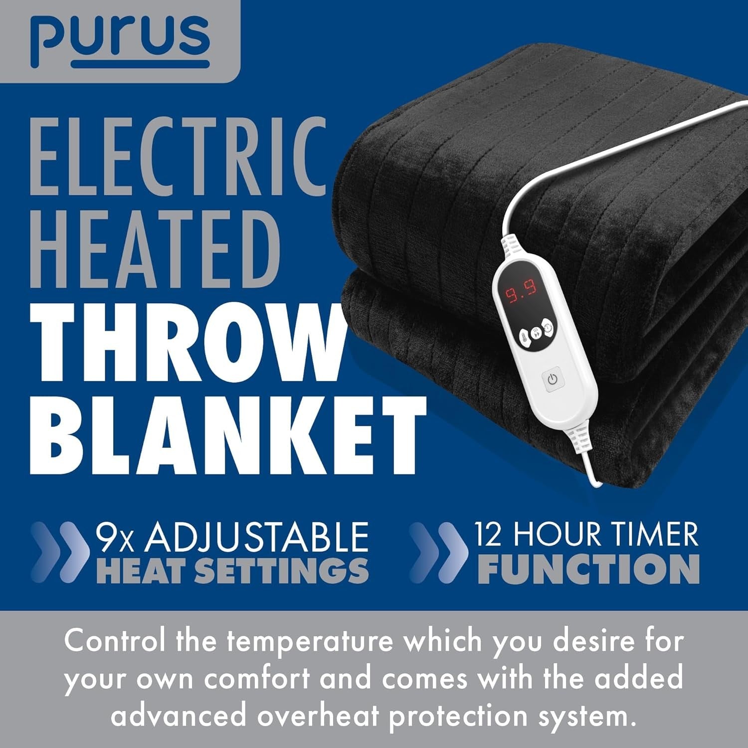 Electric Heated Throw Blanket XL 9 Heat Settings Timer Washable Black