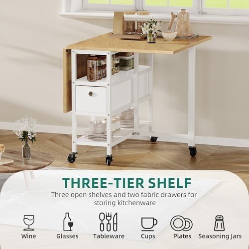 Mobile Folding Dining Table with Drawers & Wheels 120x80cm Space-Saving