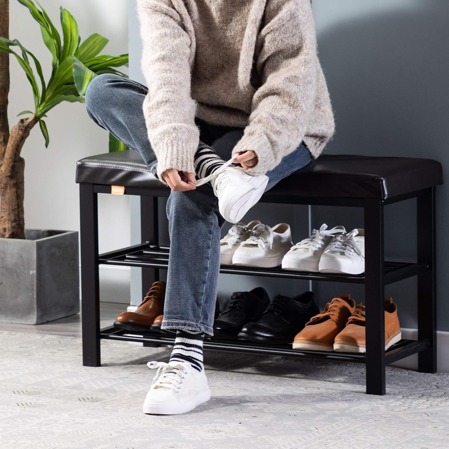 Black Faux Leather Shoe Storage Bench – 3-Tier Industrial Entryway Seat