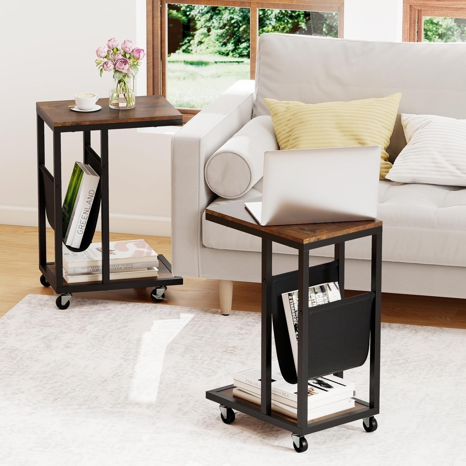 Rolling C-Shaped Side Table Rustic Brown | Sofa Laptop Table w/ Magazine Rack