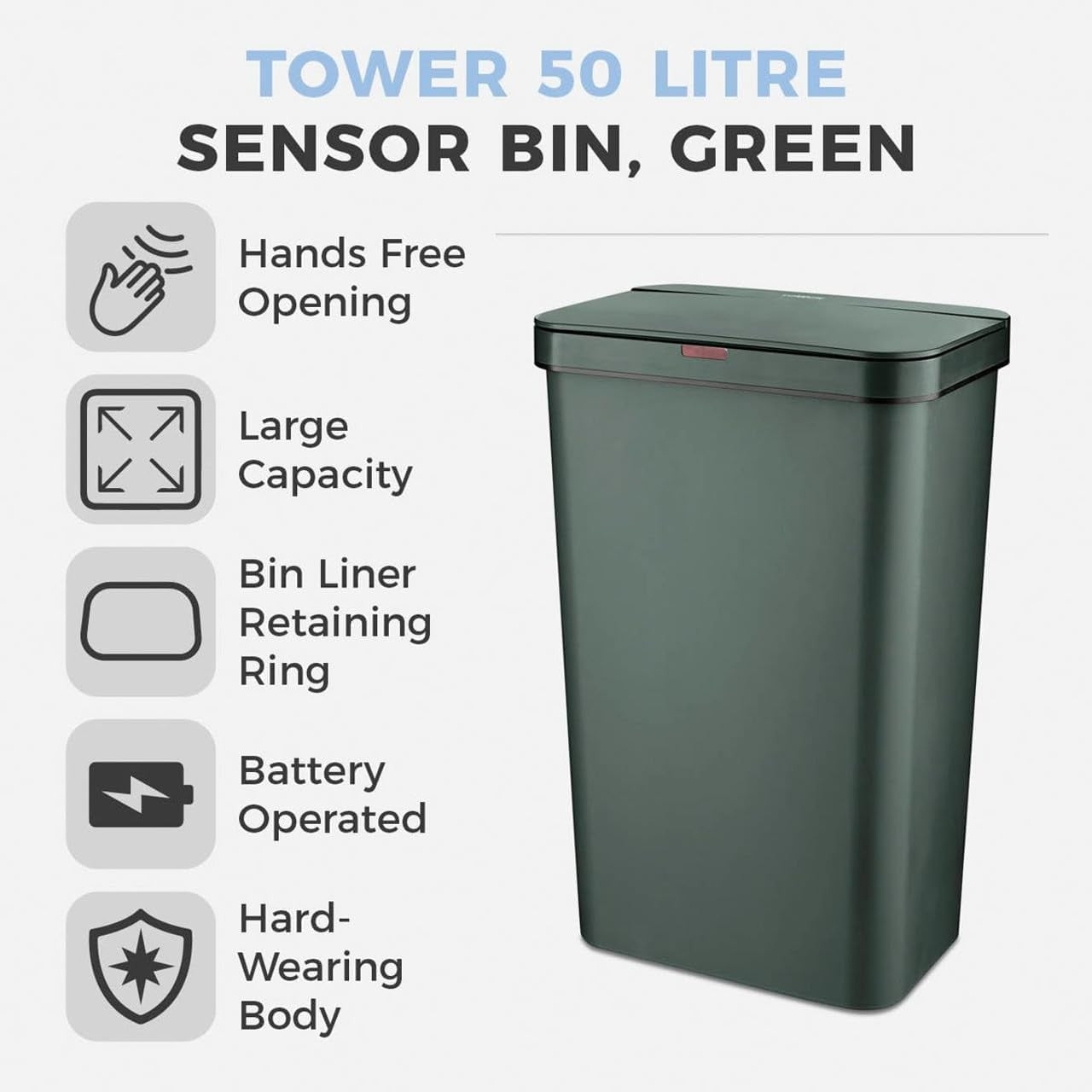 50L Automatic Sensor Kitchen Bin Rectangular Touchless Forest Green