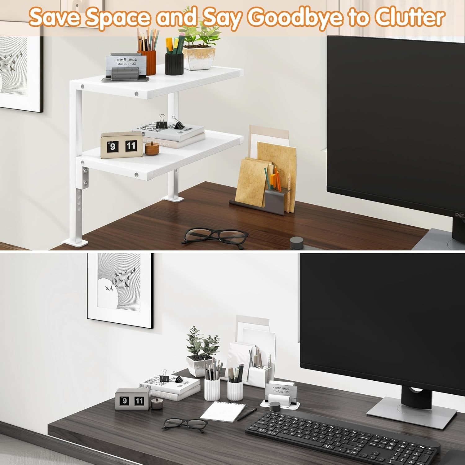 Clamp-On 2-Tier Adjustable Desk Shelf Organizer Rustic Brown 33cm