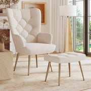 Velvet High Back Armchair with Footstool Gold Legs Cream