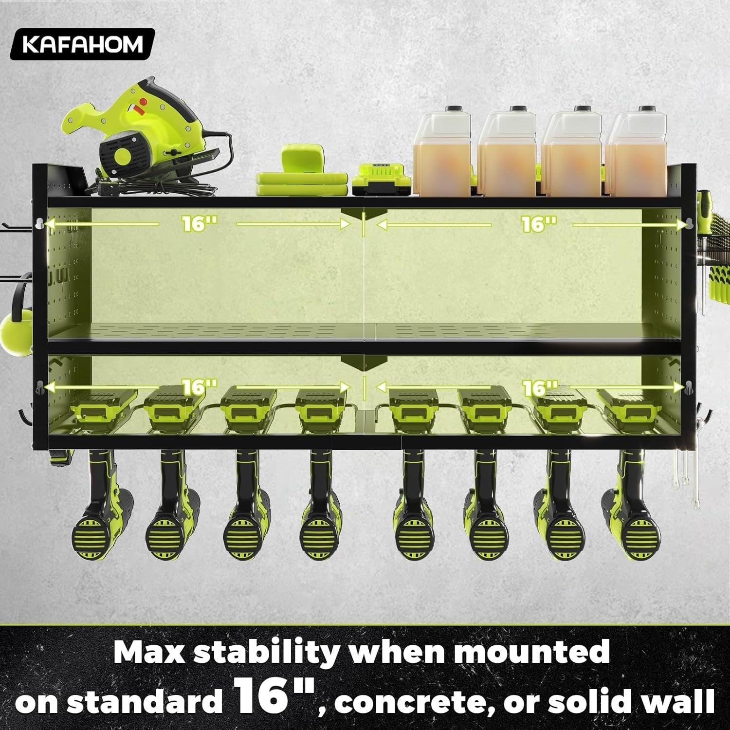 Black Adjustable Wall-Mount Power Tool Organizer 8 Drill Holder Rack