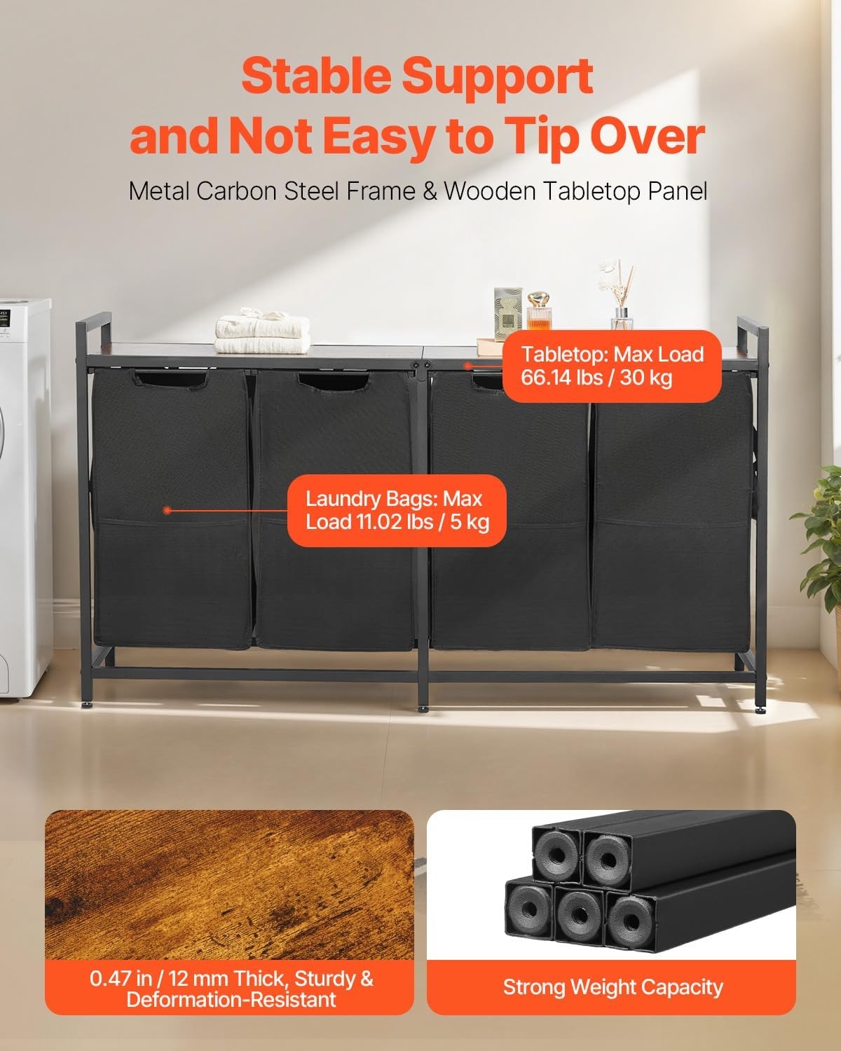 4 Section Laundry Sorter with Wood Top Large Rolling Hamper Pull-Out Bags Black