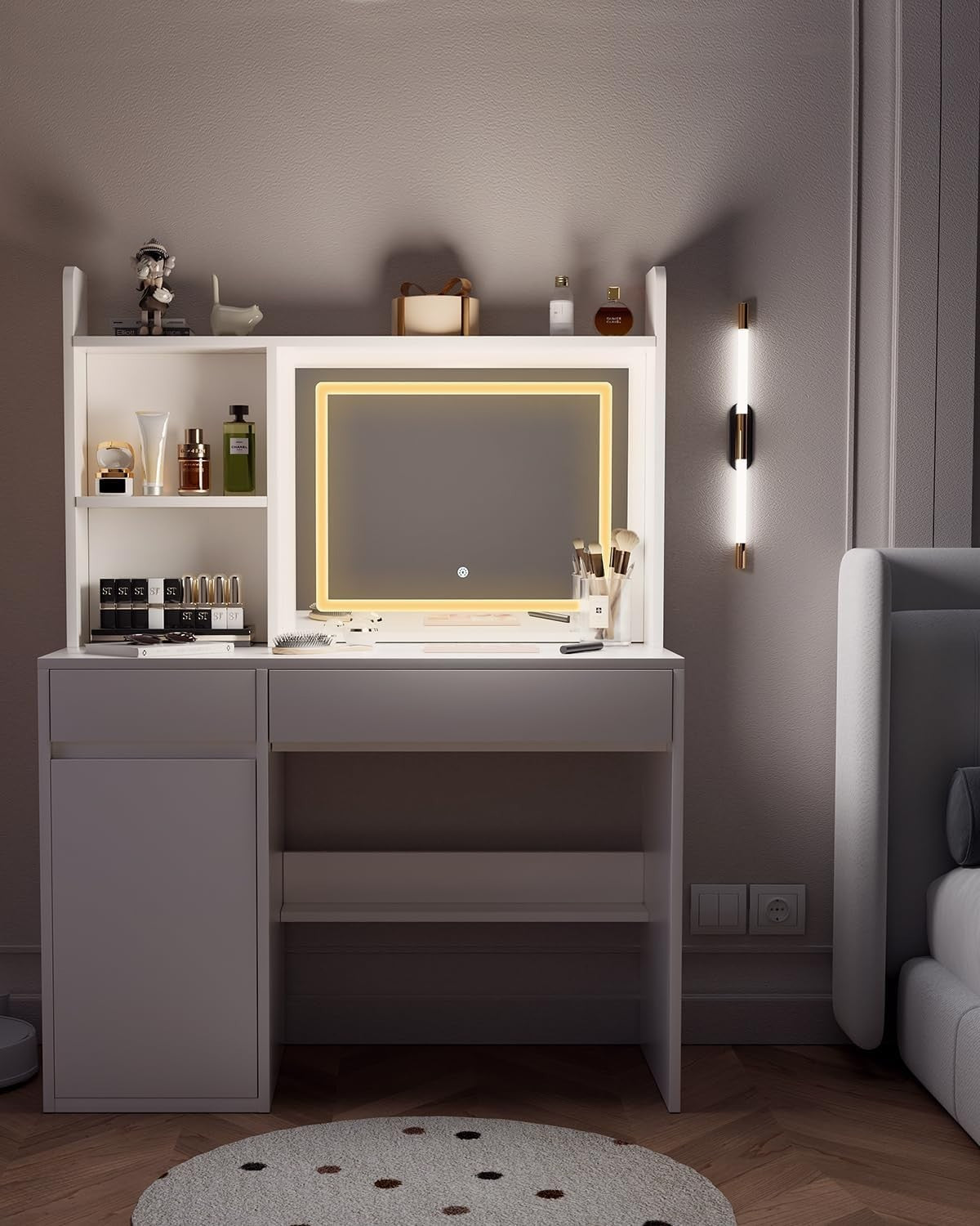 White Modern Vanity Table Dressing Desk w/ Dimmer Mirror Lights & 2 Drawers