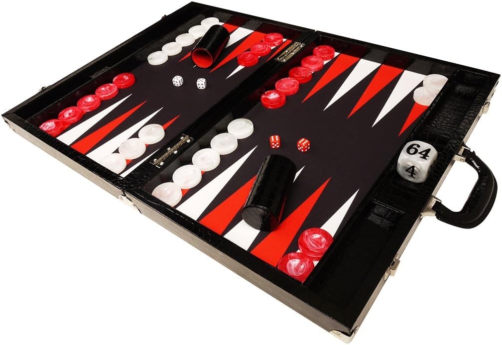 21 Inch Tournament Backgammon Set Black Croco Folding Luxury Board Game