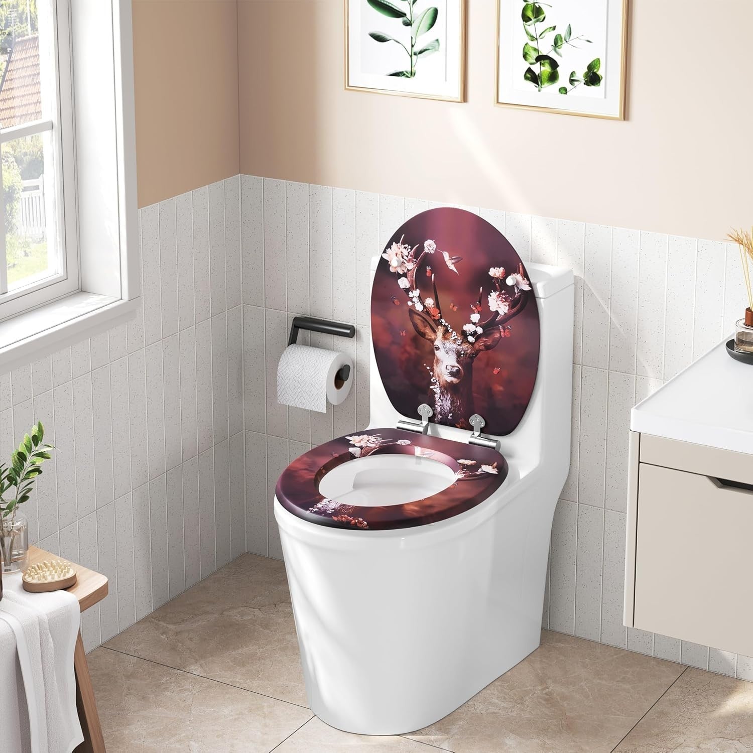 O-Shaped Toilet Seat Soft Close Quick Release Adjustable Hinges Deer Pattern MDF