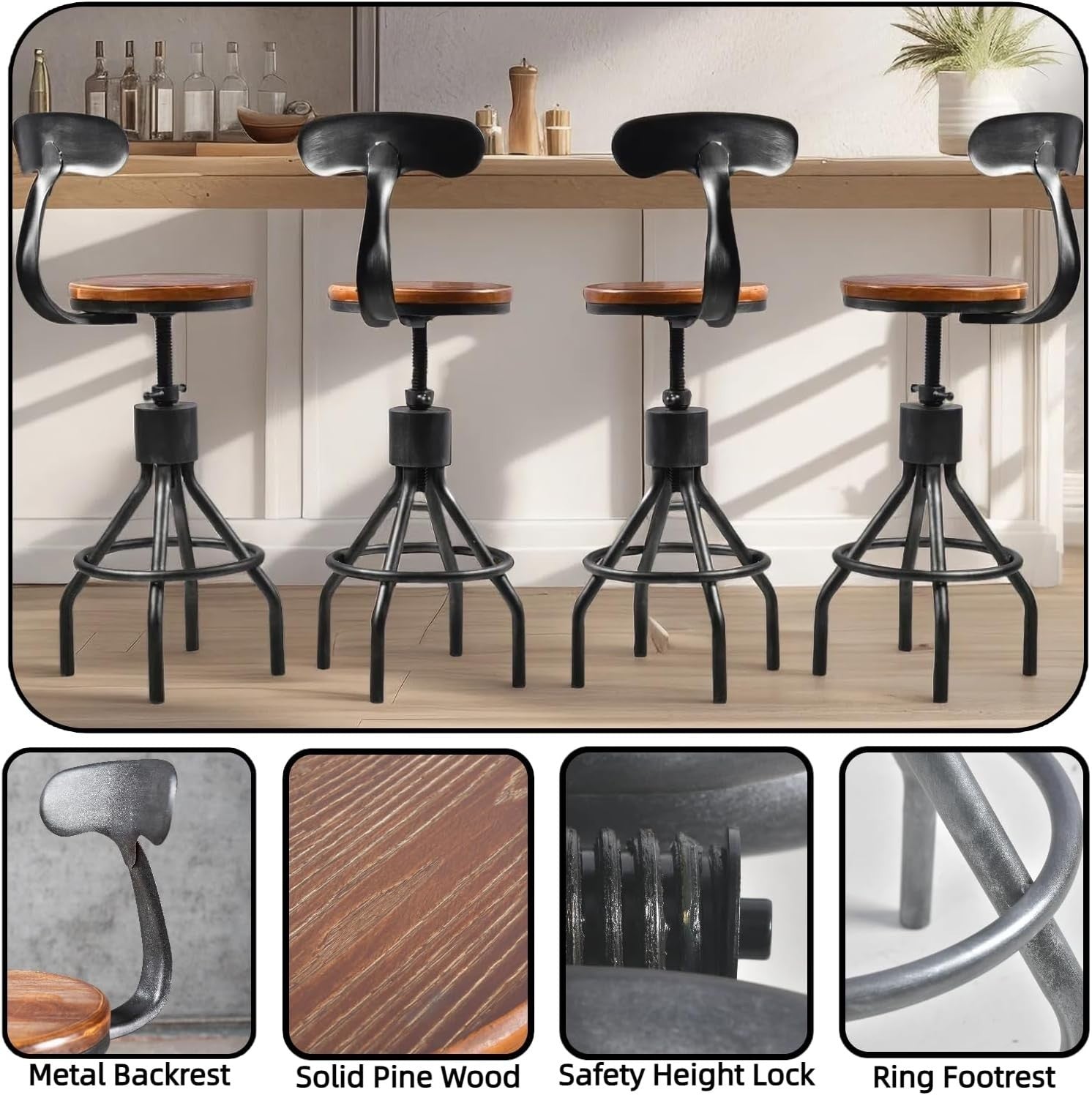 Industrial Swivel Bar Stool Set of 2 Adjustable 23-33 Inch Height