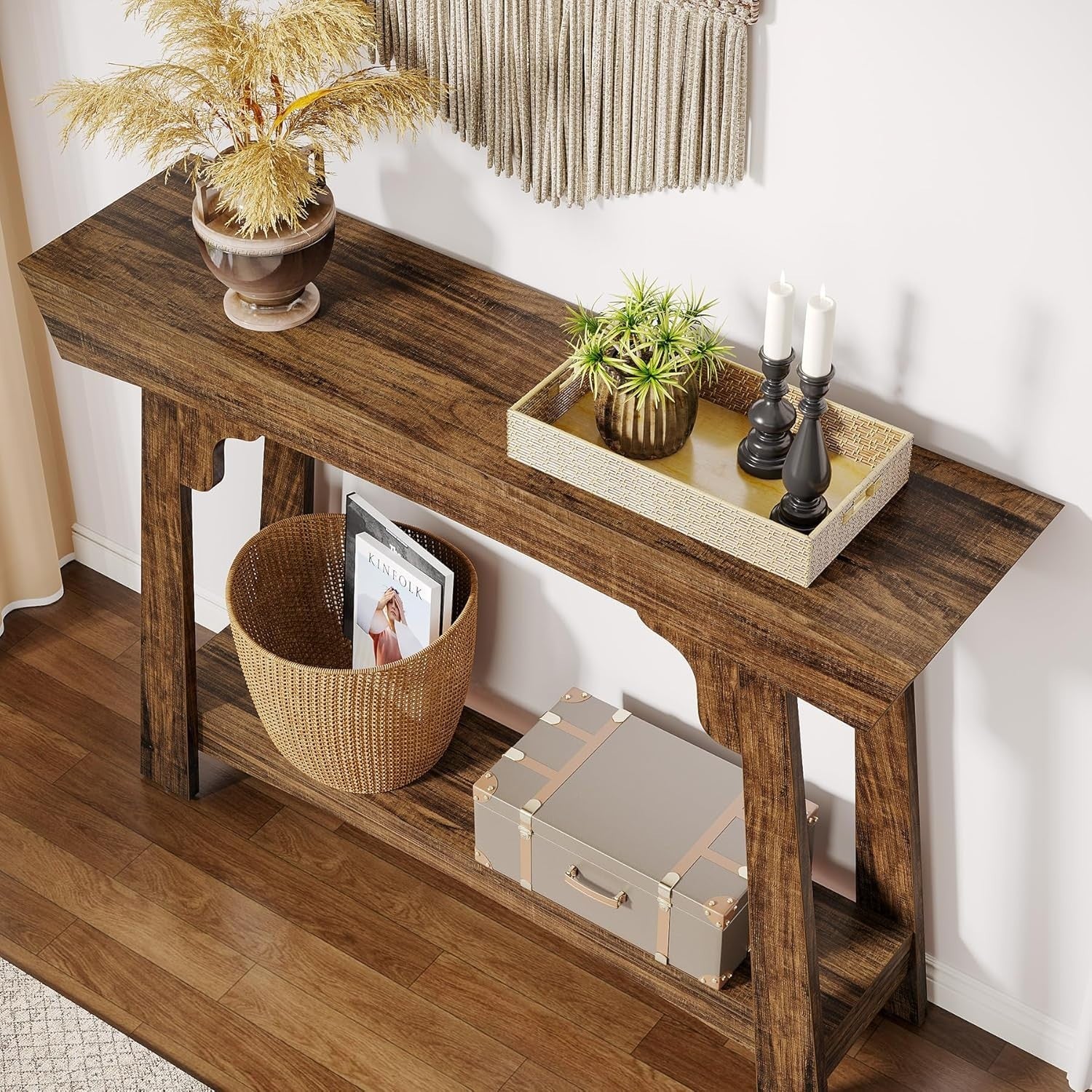 Rustic Brown Console Table 2-Tier Storage Narrow Entryway Shelf