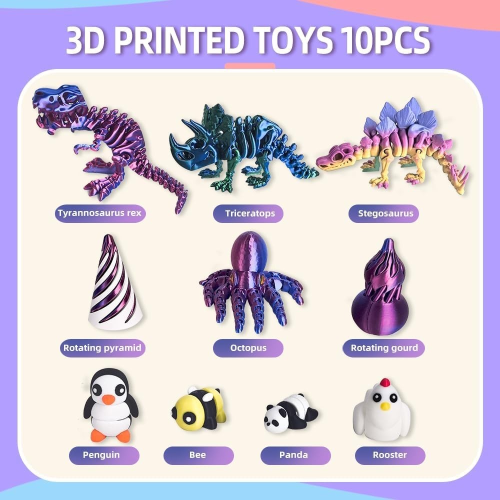 10PCS 3D Printed Fidget Toys Animals Dinosaurs Spiral Cone Stress Relief