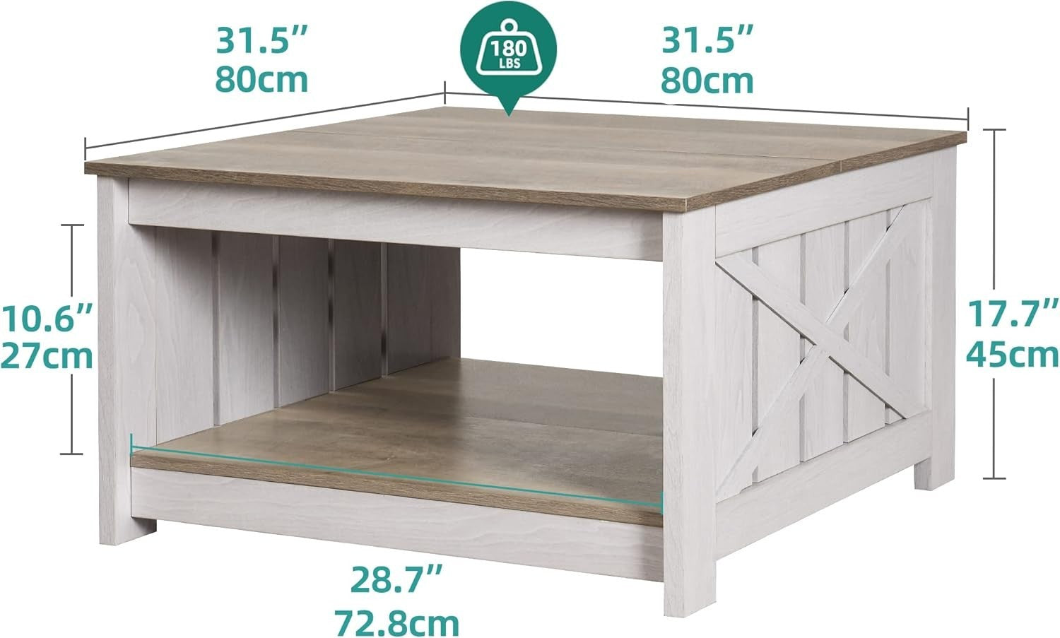 Square Rustic Coffee Table with Storage, Grey Wash Farmhouse Modern Design