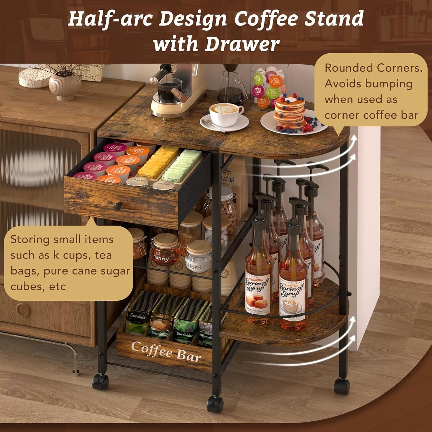 Coffee Station Trolley on Wheels 4 Tier Storage Cart with Drawer & Shelves