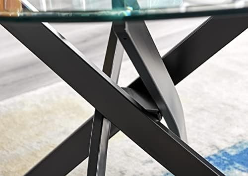 Round 100cm Matte Black & Clear Glass Dining Table Industrial 4 Seater