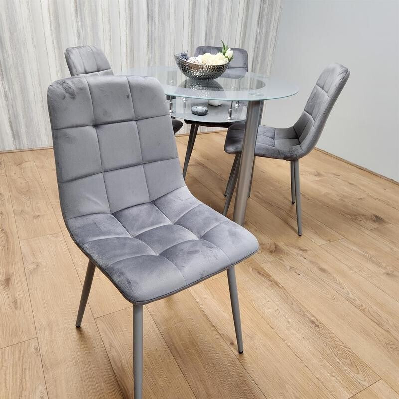 Round Glass Dining Table Set with 4 Grey Chairs Modern Kitchen Room