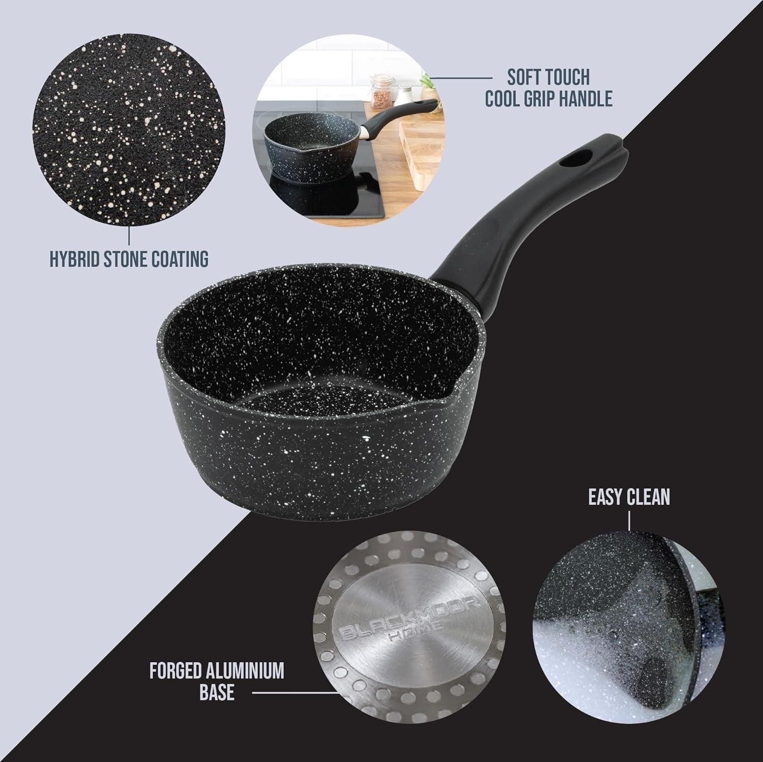 16cm Black Non Stick Milk Pan with Cool Touch Handle Induction Safe