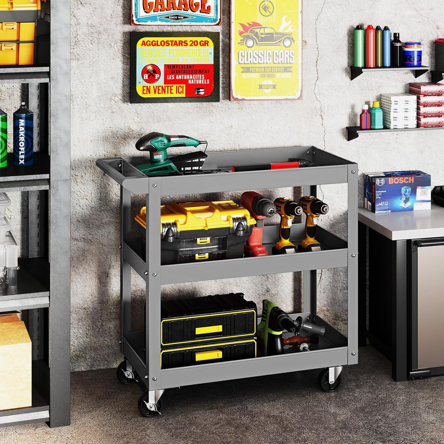 3 Tier Heavy Duty Tool Trolley Rolling Utility Cart Lockable Wheels