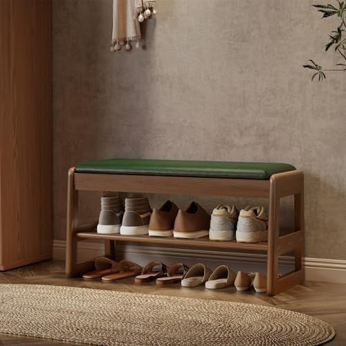 Small Flip-Top Shoe Bench with Green Cushion | 2-Tier Walnut Shoe Rack Entryway