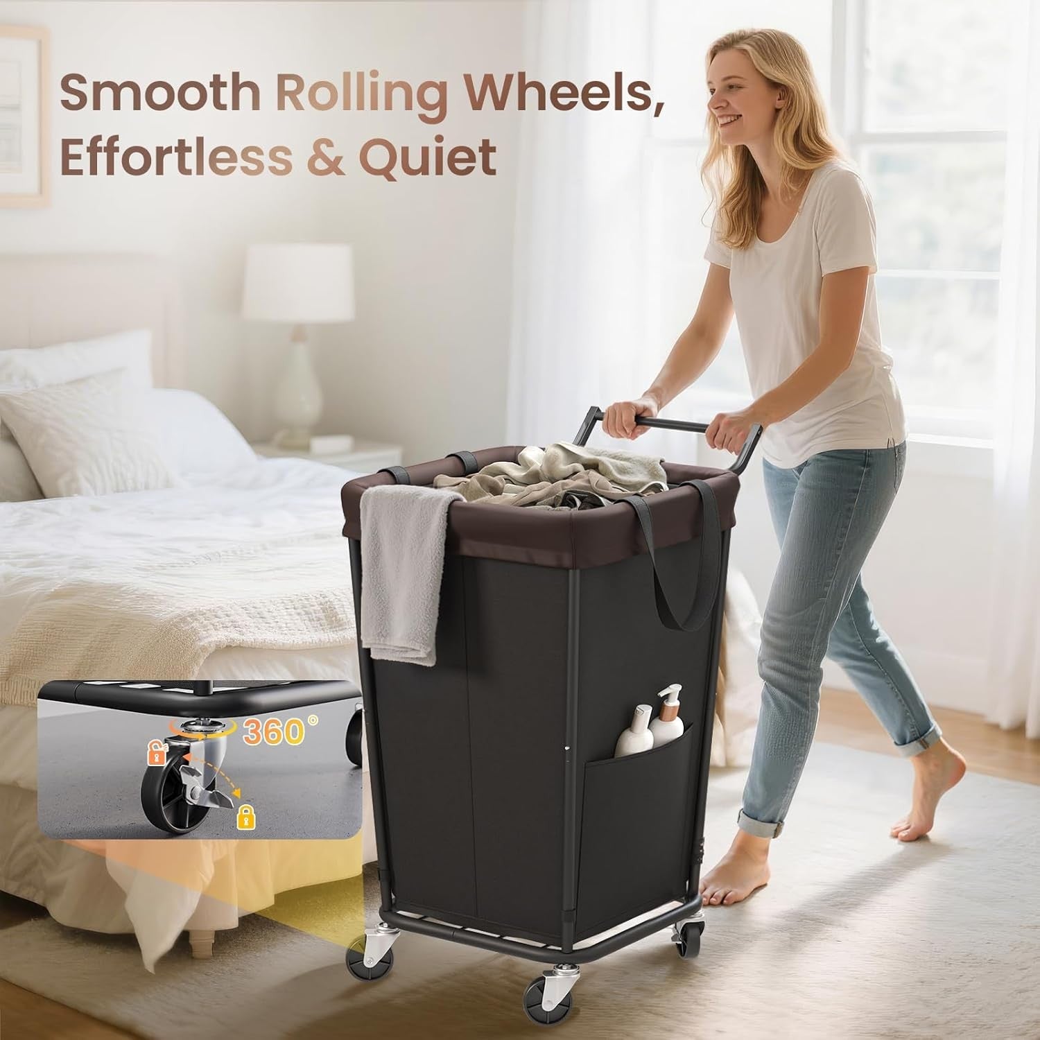 160L Rolling Laundry Hamper on Wheels Large 2 Section Basket with Lid & Handle