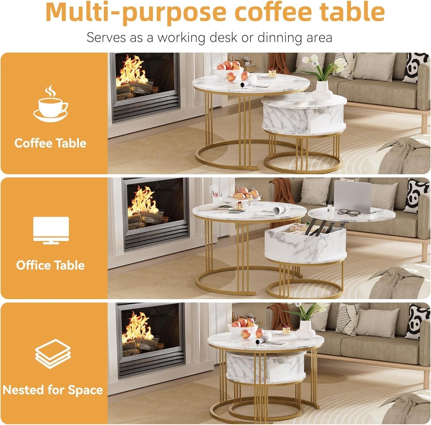 Marble Nesting Coffee Table Set, Lift-Top Hidden Storage, Round End Tables