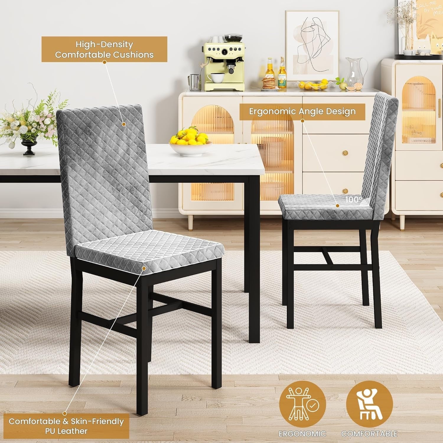 4 Seater Dining Table Set Marble Effect Top & Velvet Chairs Modern Small