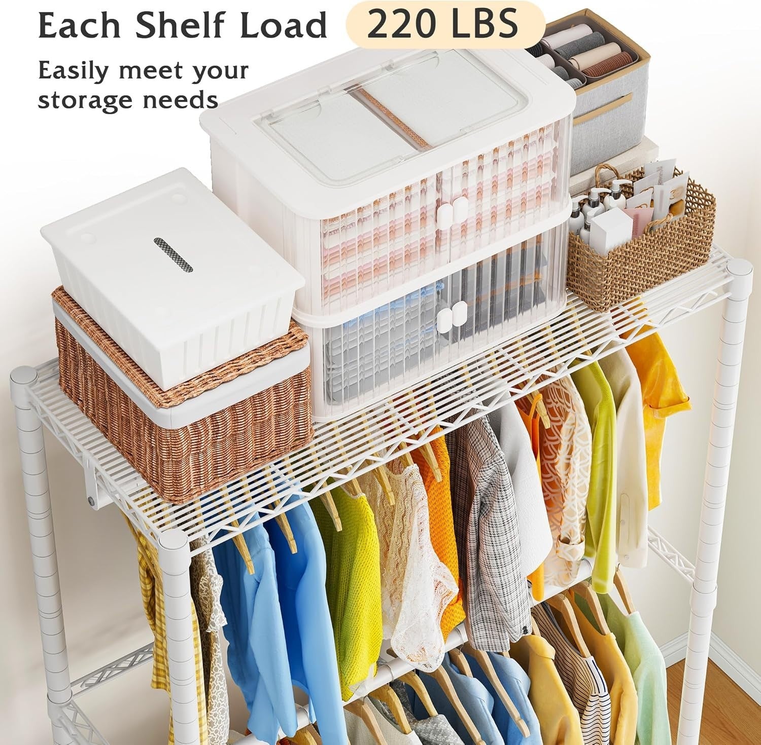 Heavy Duty Clothes Rail with Wheels & Shelves – White 200cm