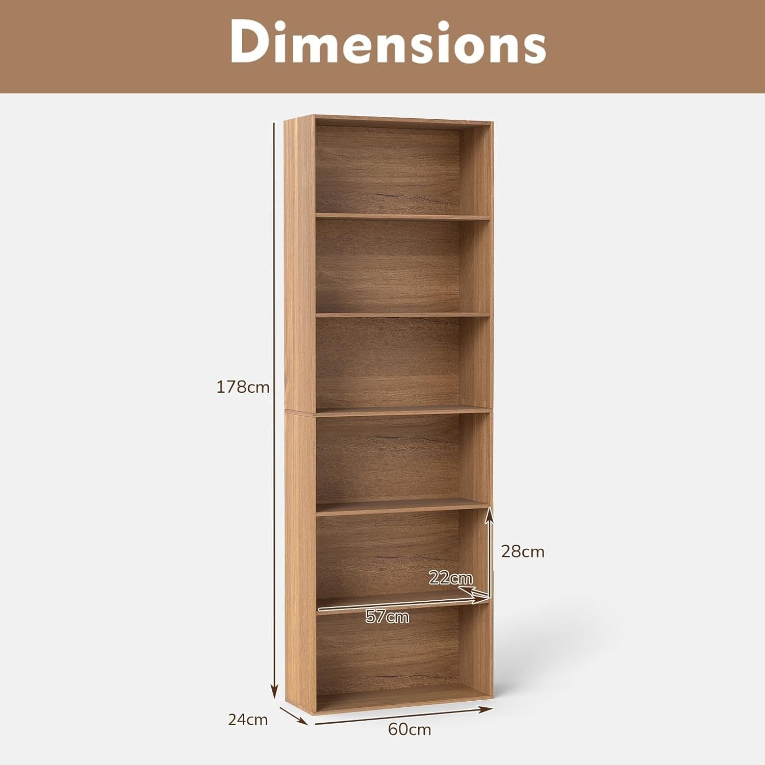 Tall 6-Tier Wooden Bookcase Storage Unit with Doors, Anti-Tip, Narrow Slim Shelf