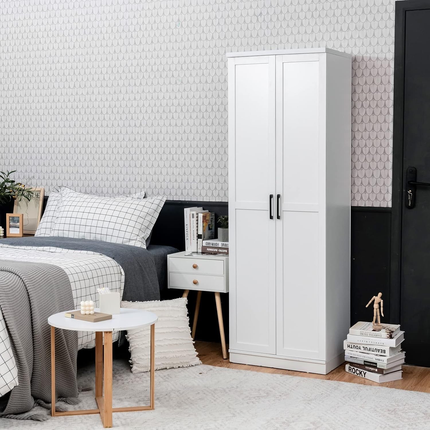 White Tall Wooden Storage Cabinet with Adjustable Shelves & Double Doors