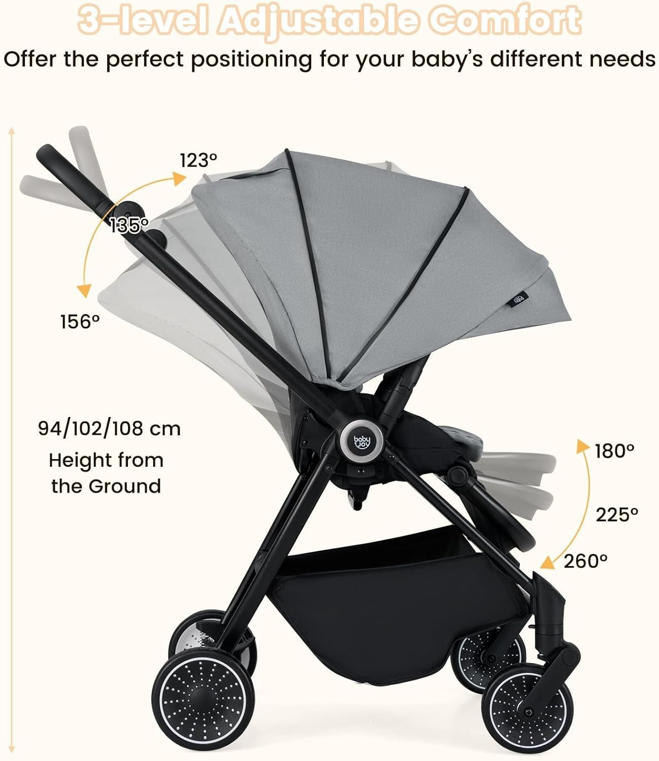 Compact Baby Pram Pushchair Reversible Seat Reclining Foldable Grey