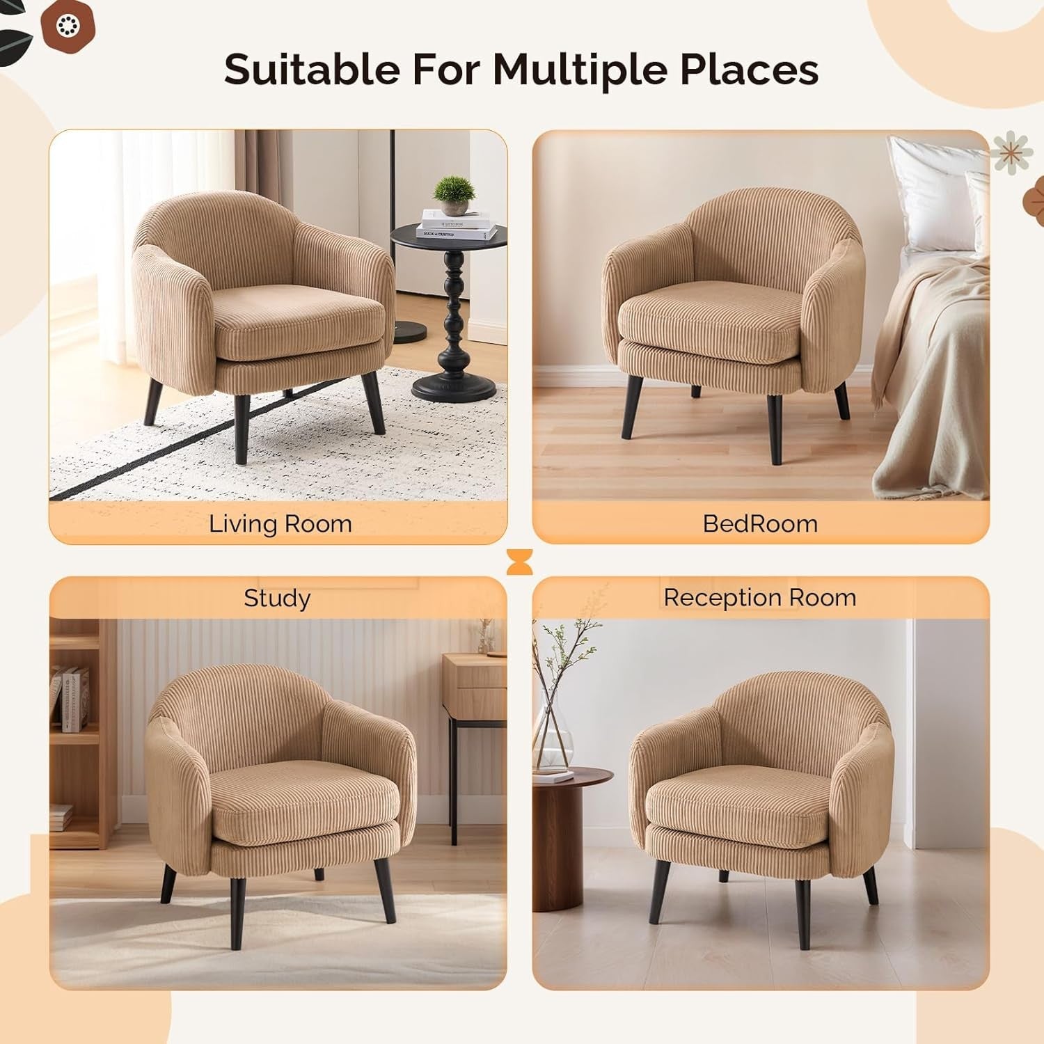 Modern Corduroy Accent Armchair Wide Track Arms Wood Legs Khaki