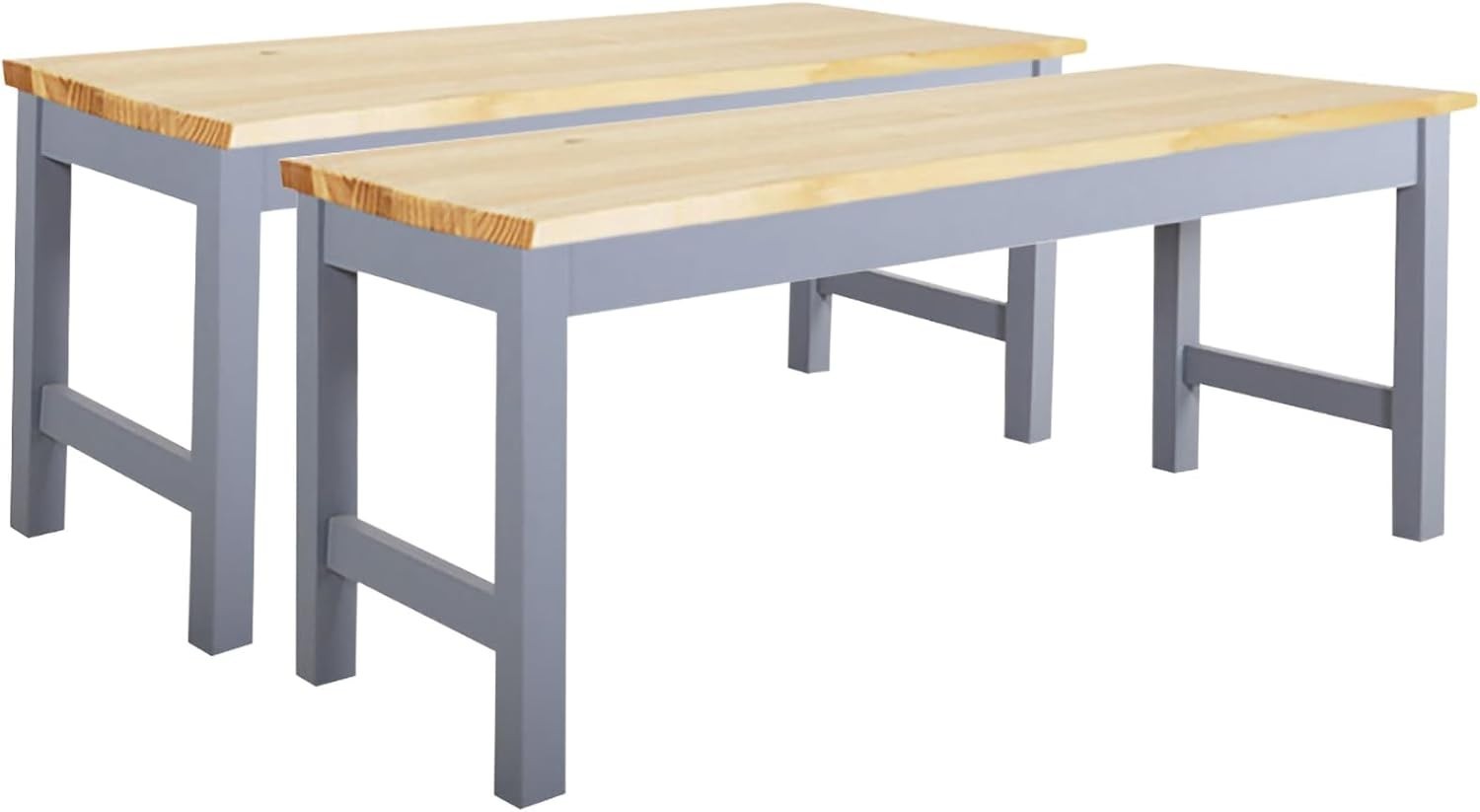 Set of 2 Wooden Dining Benches Indoor Kitchen Seating Solid Pine Grey Bench