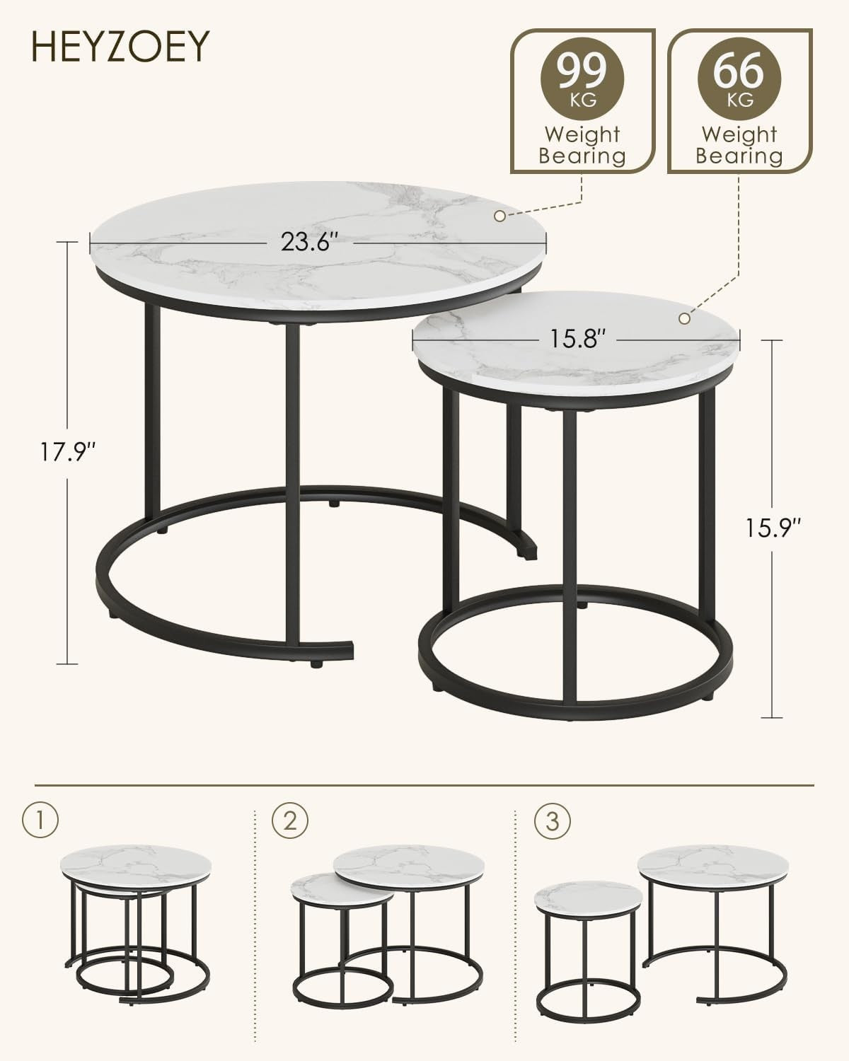 Round Nesting Coffee Tables Set of 2 – Space-Saving Living Room Tables, Modern