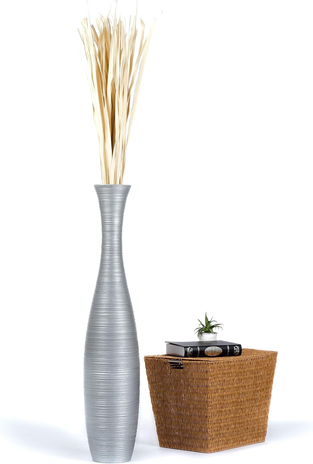 Tall Silver Floor Vase 105cm Wooden Decor for Pampas Grass Display