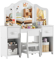 Kids Dressing Table Set with Chair, Tri-Fold Mirror & Storage Drawers White
