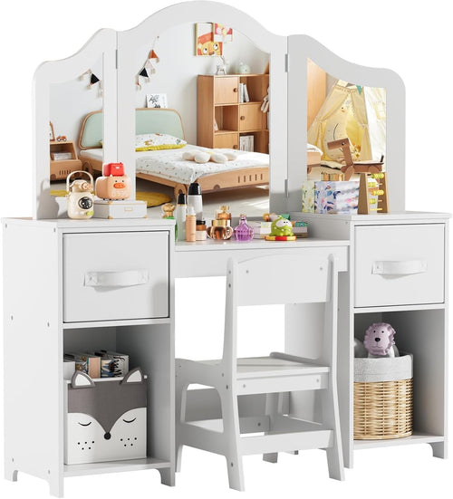 Kids Dressing Table Set with Chair, Tri-Fold Mirror & Storage Drawers White