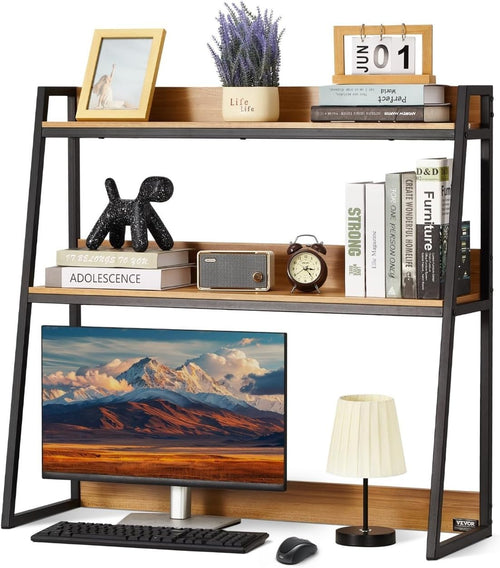 Wood-Color 2-Tier Desktop Bookshelf 95cm Desk Hutch Organiser for 32" Monitor