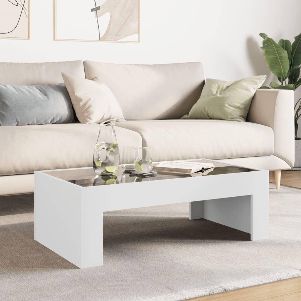 White Infinity LED Coffee Table 90x50x30cm | Modern Glass Top, RGB Lights